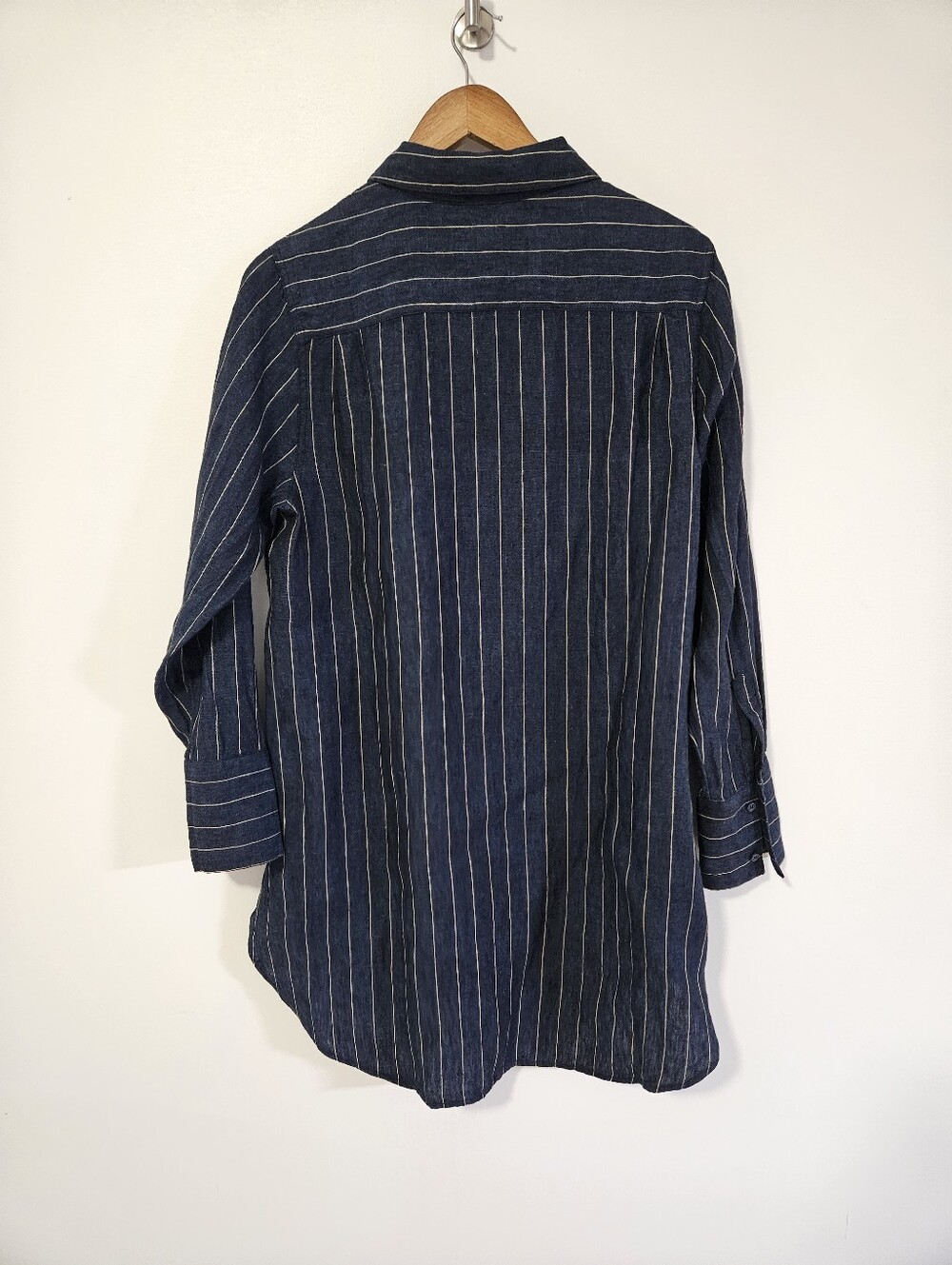 Soft Surroundings 100% Linen Button Down Longline Tunic Shirt Large Navy - Picture 3 of 8